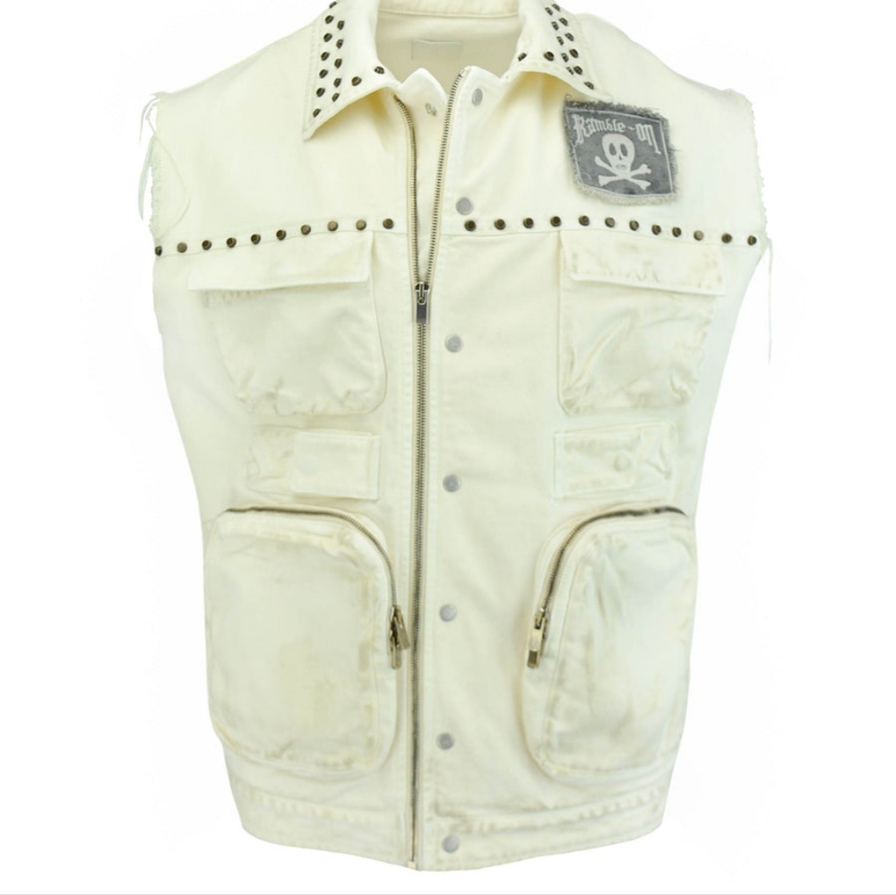 Sz M NWT $1490 Alchemist Still Rollin White Studded Sleeveless Trucker Vest